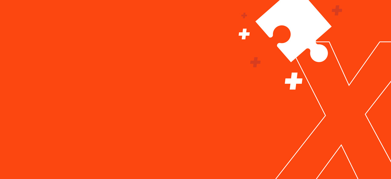 A bright orange background with puzzle pieces and plus signs abstractly arranged.